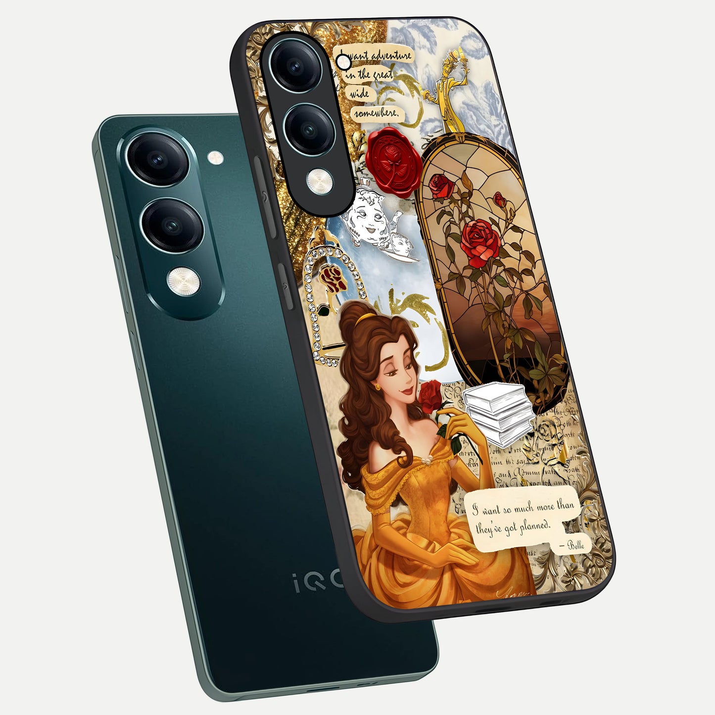  Golden Dream Belle phone case for iQOO Z10 lite showing premium glass back cover with detailed artwork