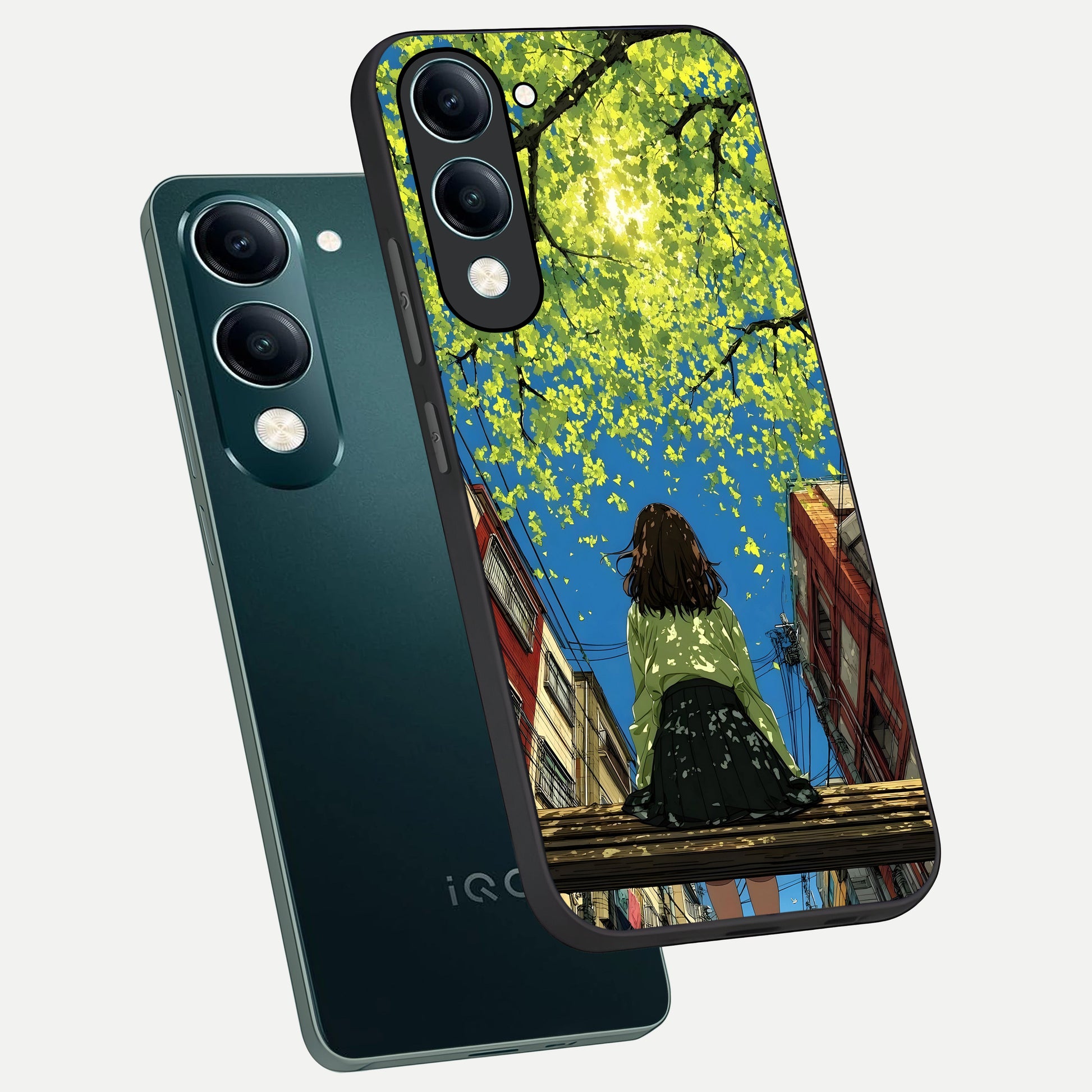  Golden Leaves Glow phone case for iQOO Z10 Lite showing premium glass back cover with detailed artwork