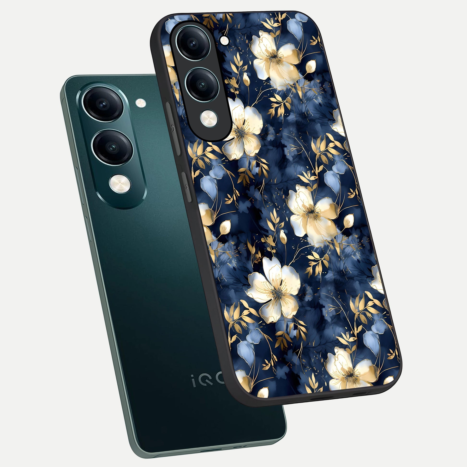  Golden Midnight Bloom phone case for iQOO Z10 Lite showing premium glass back cover with detailed artwork