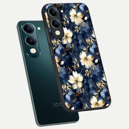  Golden Midnight Bloom phone case for iQOO Z10 Lite showing premium glass back cover with detailed artwork