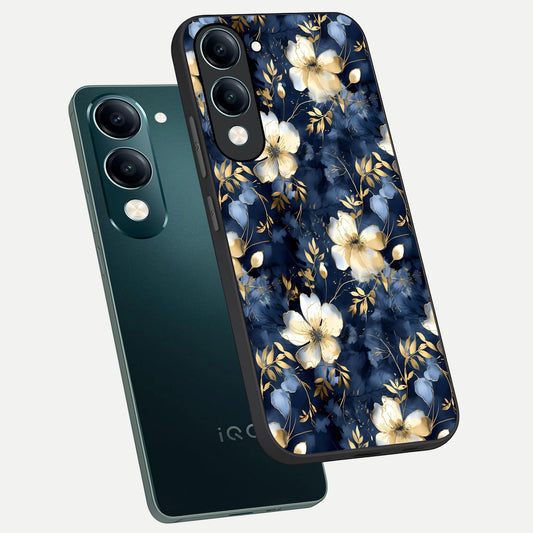  Golden Midnight Bloom phone case for iQOO Z10 Lite showing premium glass back cover with detailed artwork