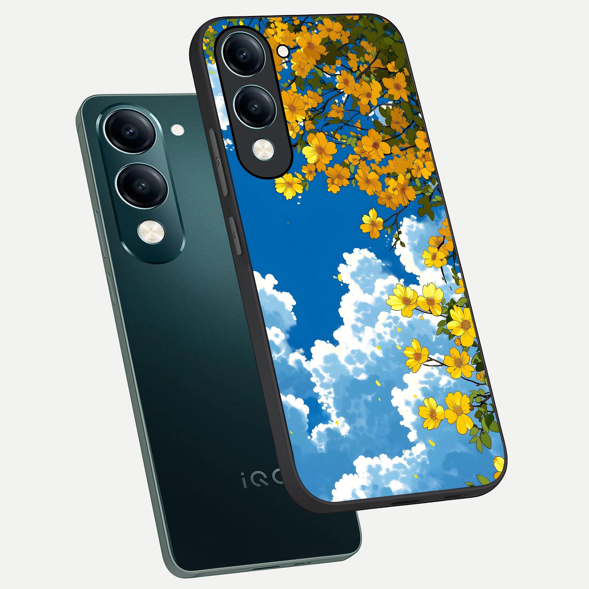  Golden Petal Sky phone case for iQOO Z10 Lite showing premium glass back cover with detailed artwork