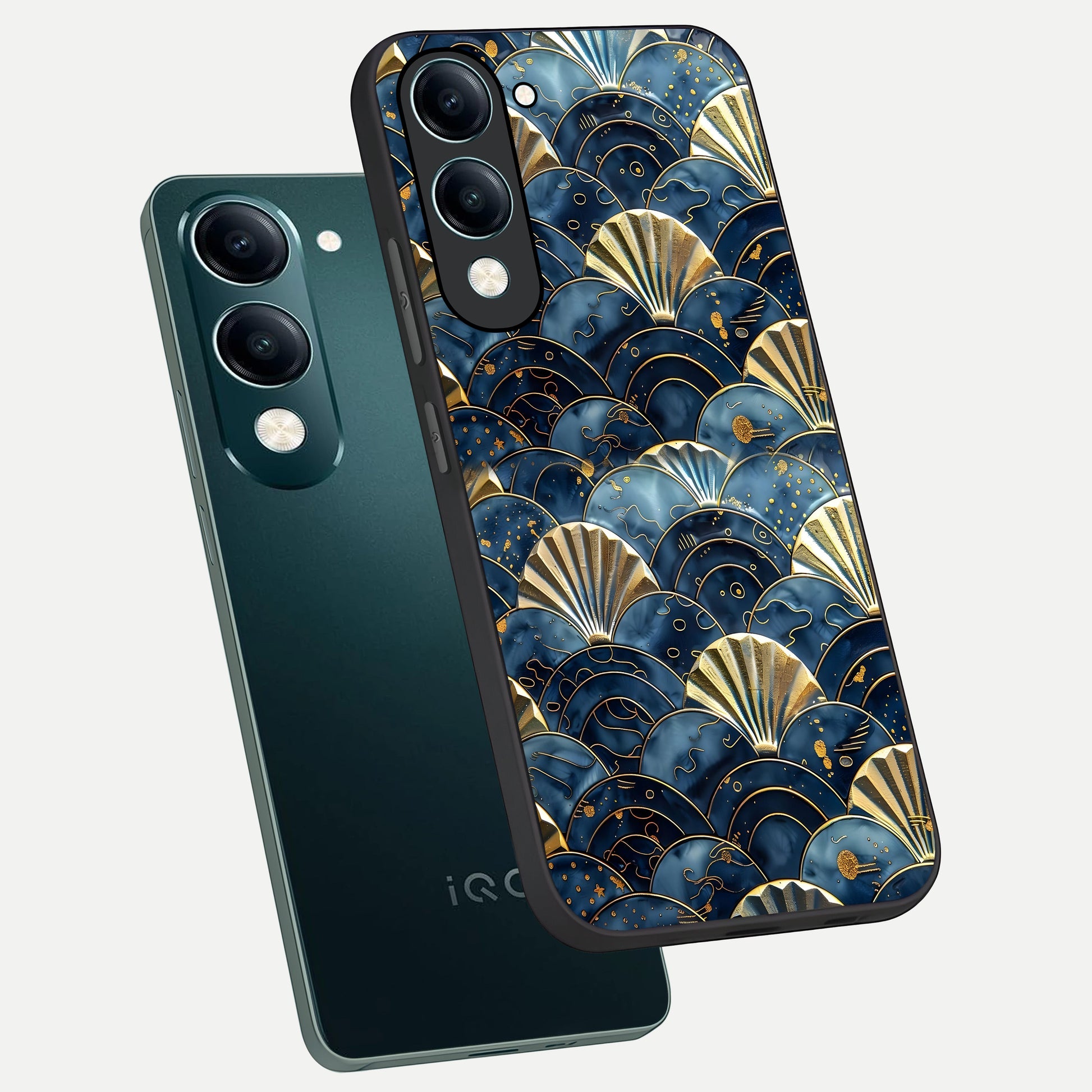  Golden Wave Luxe phone case for iQOO Z10 lite showing premium glass back cover with detailed artwork