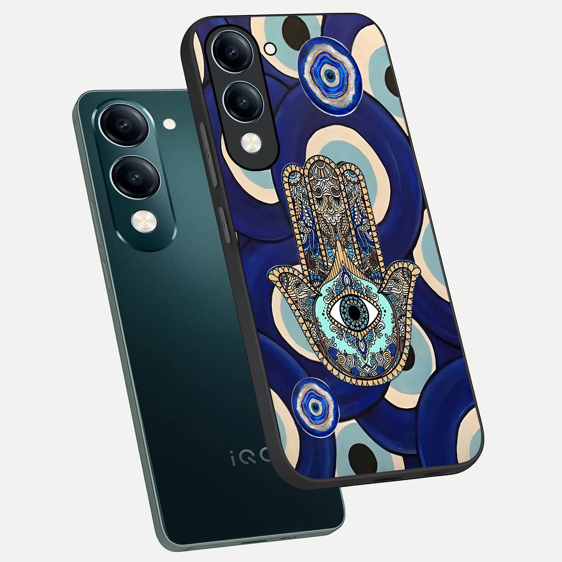 Hamsa Divine Guard phone case for iQOO Z10 Lite showing premium glass back cover with detailed artwork