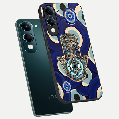 Hamsa Divine Guard phone case for iQOO Z10 Lite showing premium glass back cover with detailed artwork