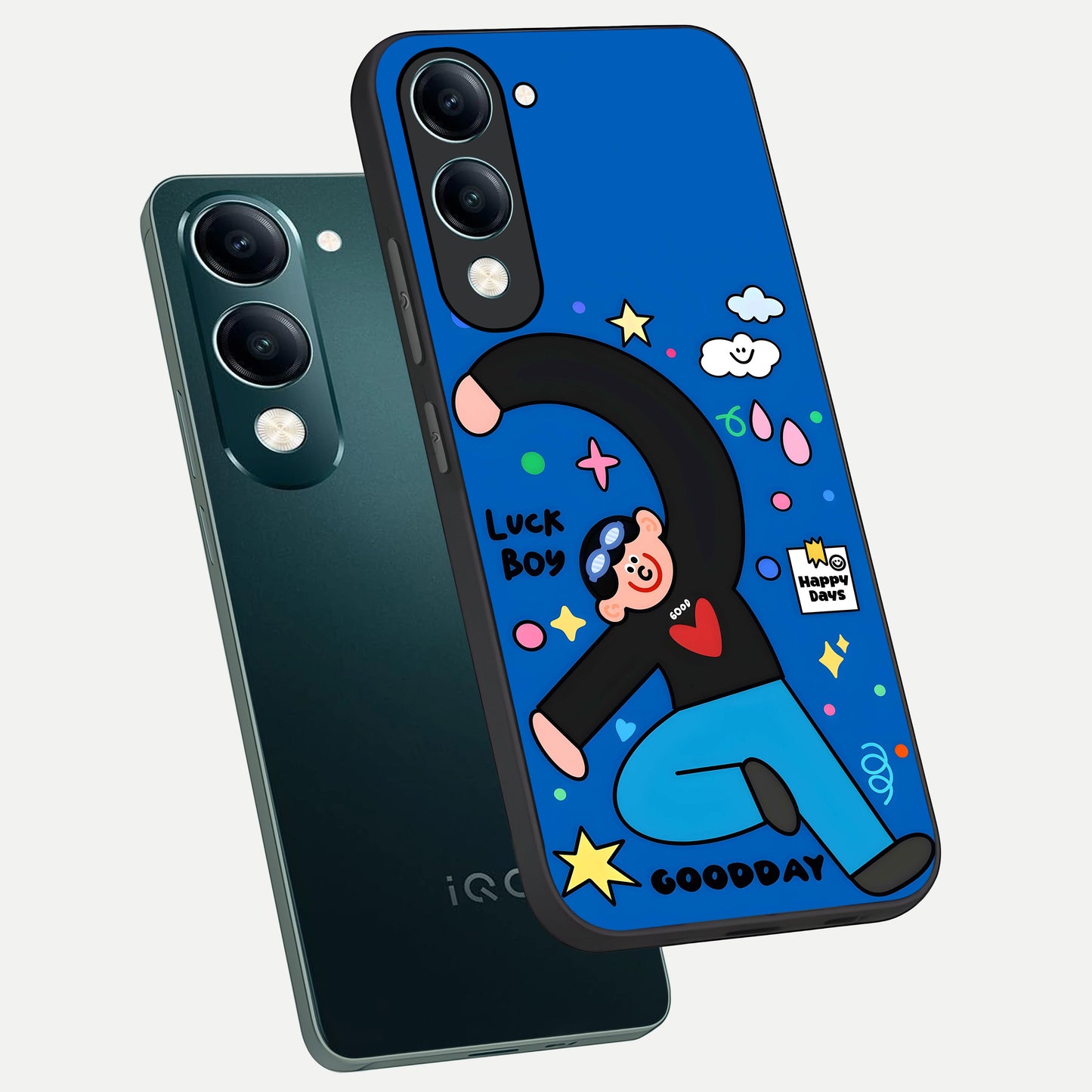  Happy Luck Vibe phone case for iQOO Z10 Lite showing premium glass back cover with detailed artwork