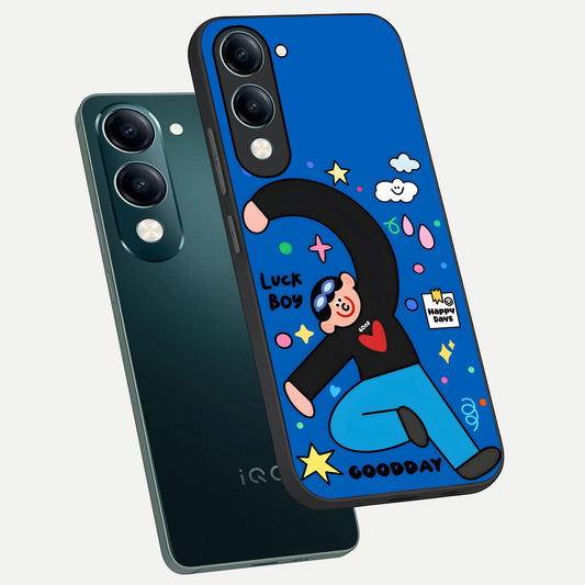  Happy Luck Vibe phone case for iQOO Z10 Lite showing premium glass back cover with detailed artwork