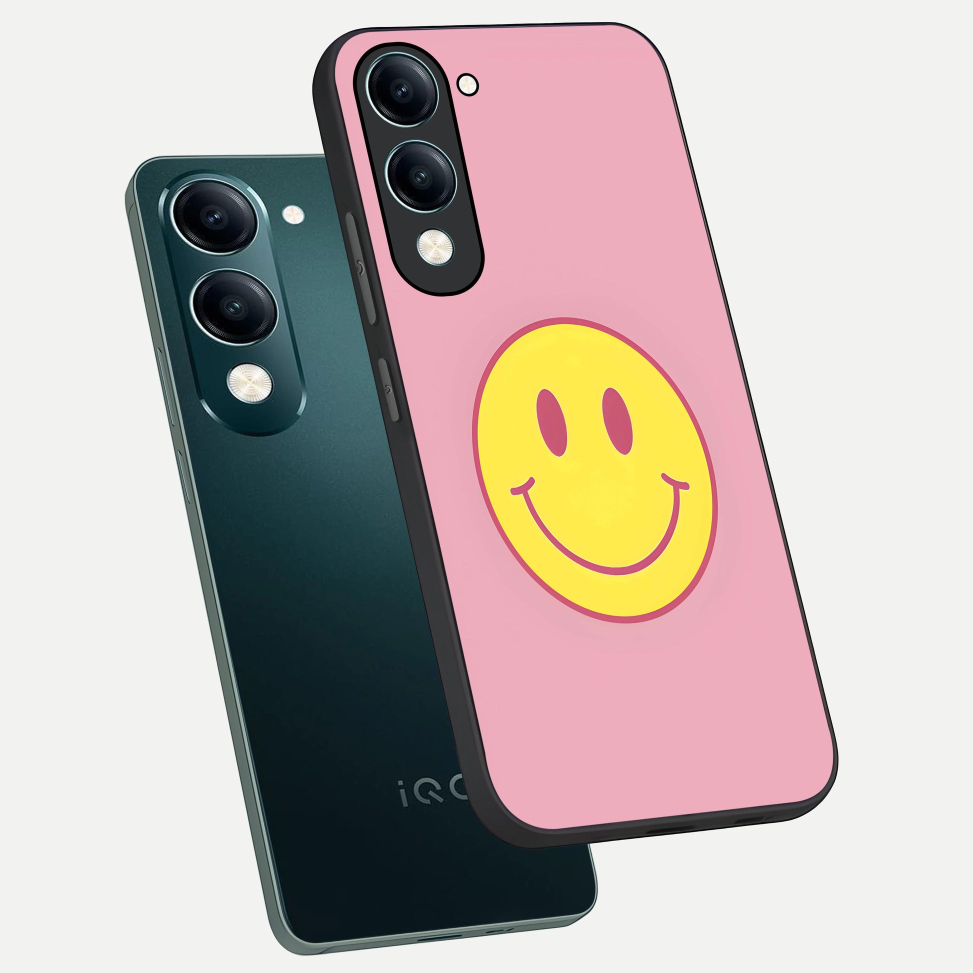  Happy Pink Mood phone case for iQOO Z10 lite showing premium glass back cover with detailed artwork