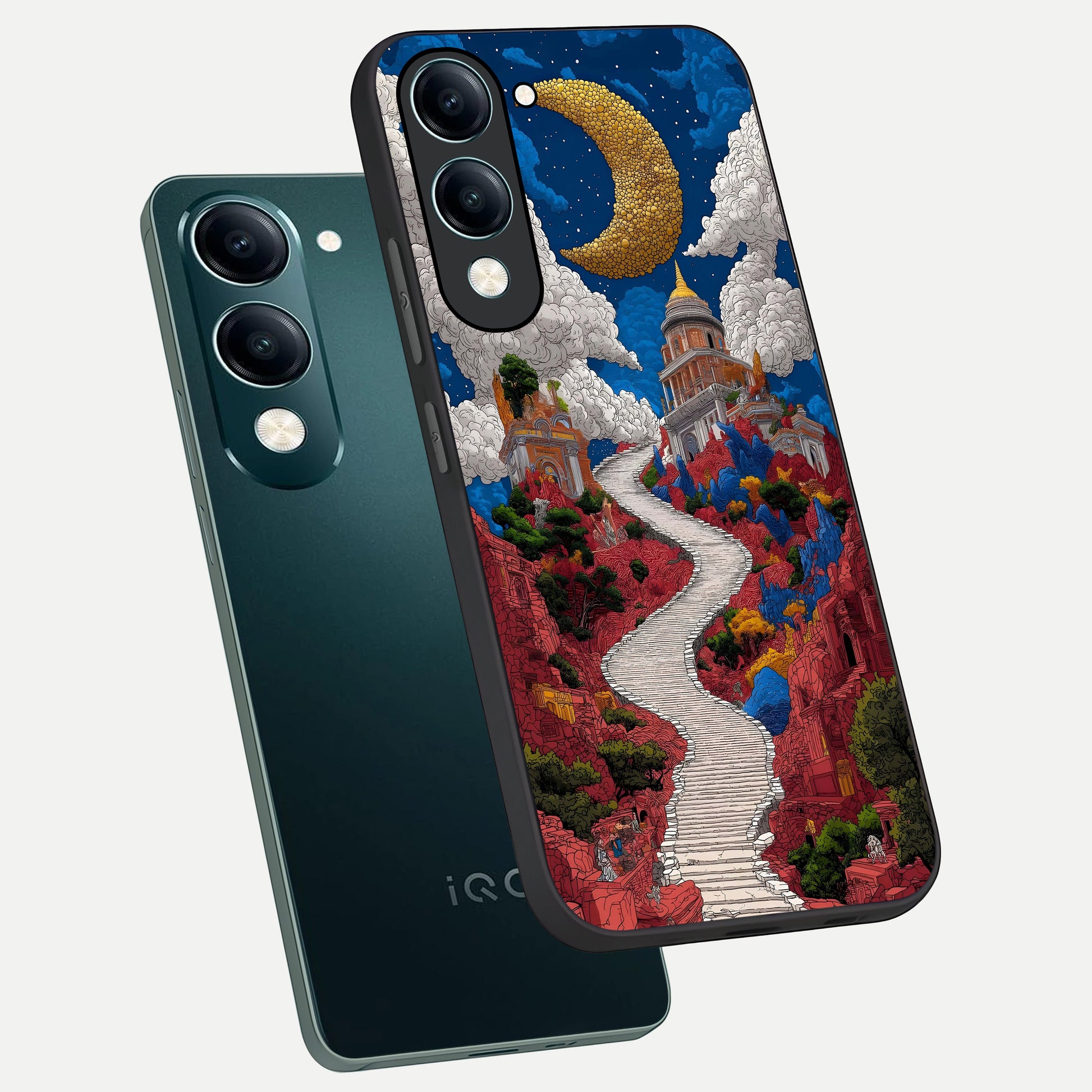  Heavenly Moon Path phone case for iQOO Z10 lite showing premium glass back cover with detailed artwork