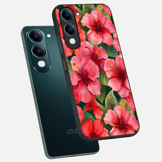  Hibiscus Pattern phone case for iQOO Z10 Lite showing premium glass back cover with detailed artwork