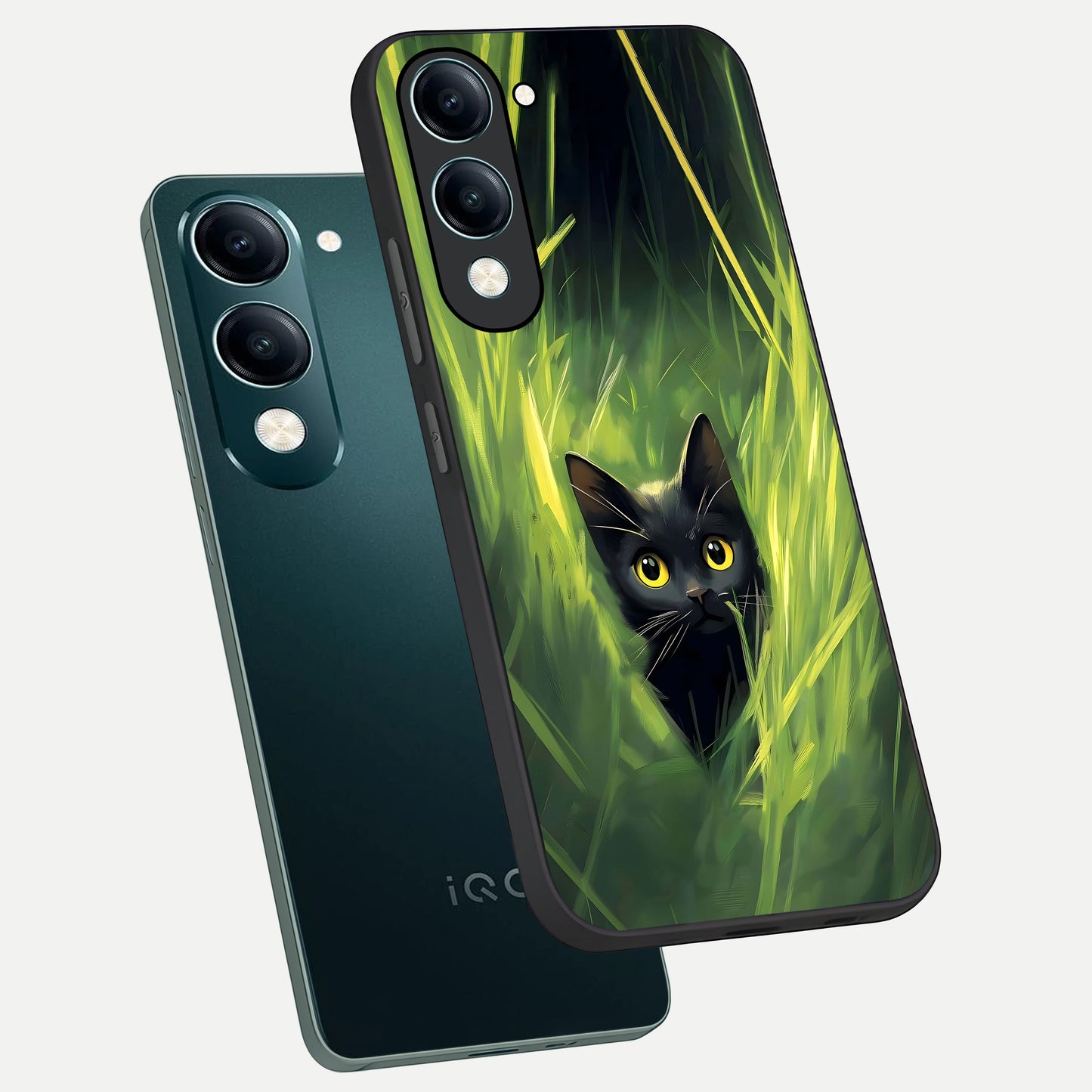  Hidden Cat Whisper phone case for iQOO Z10 lite showing premium glass back cover with detailed artwork