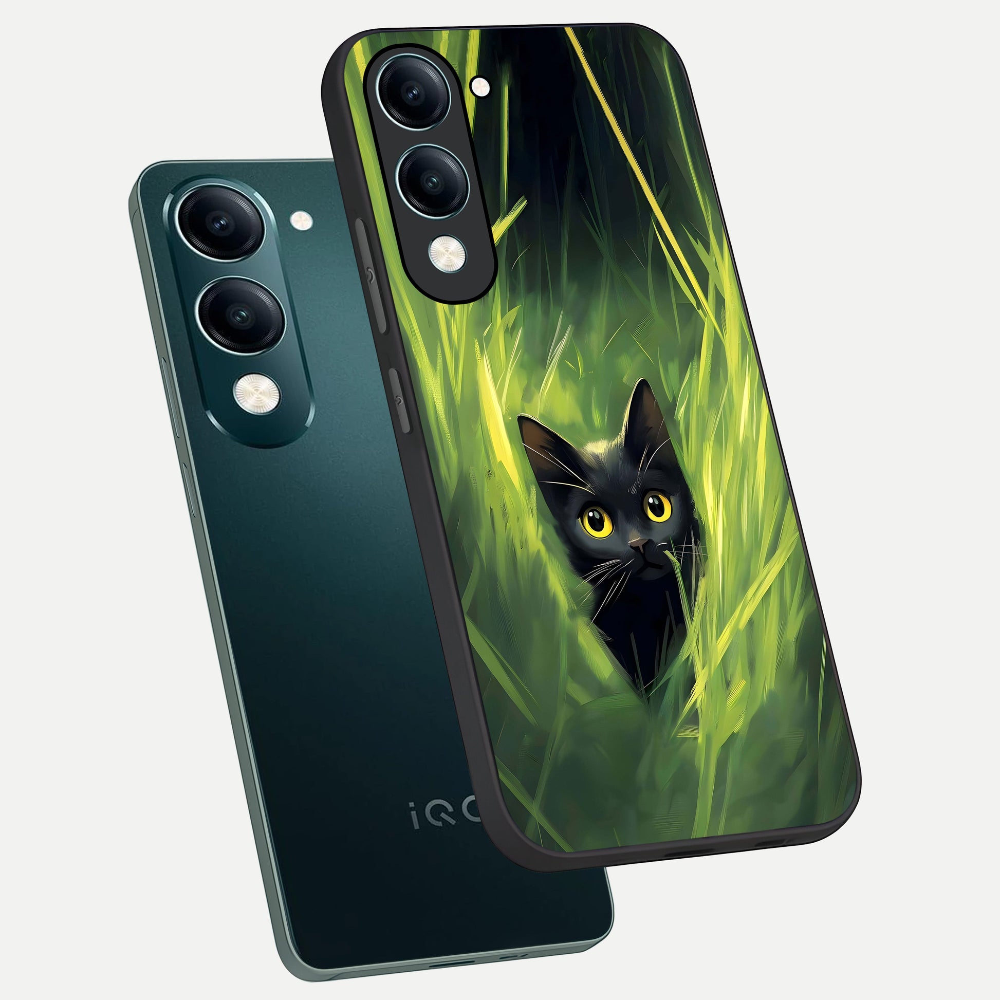  Hidden Cat Whisper phone case for iQOO Z10 lite showing premium glass back cover with detailed artwork