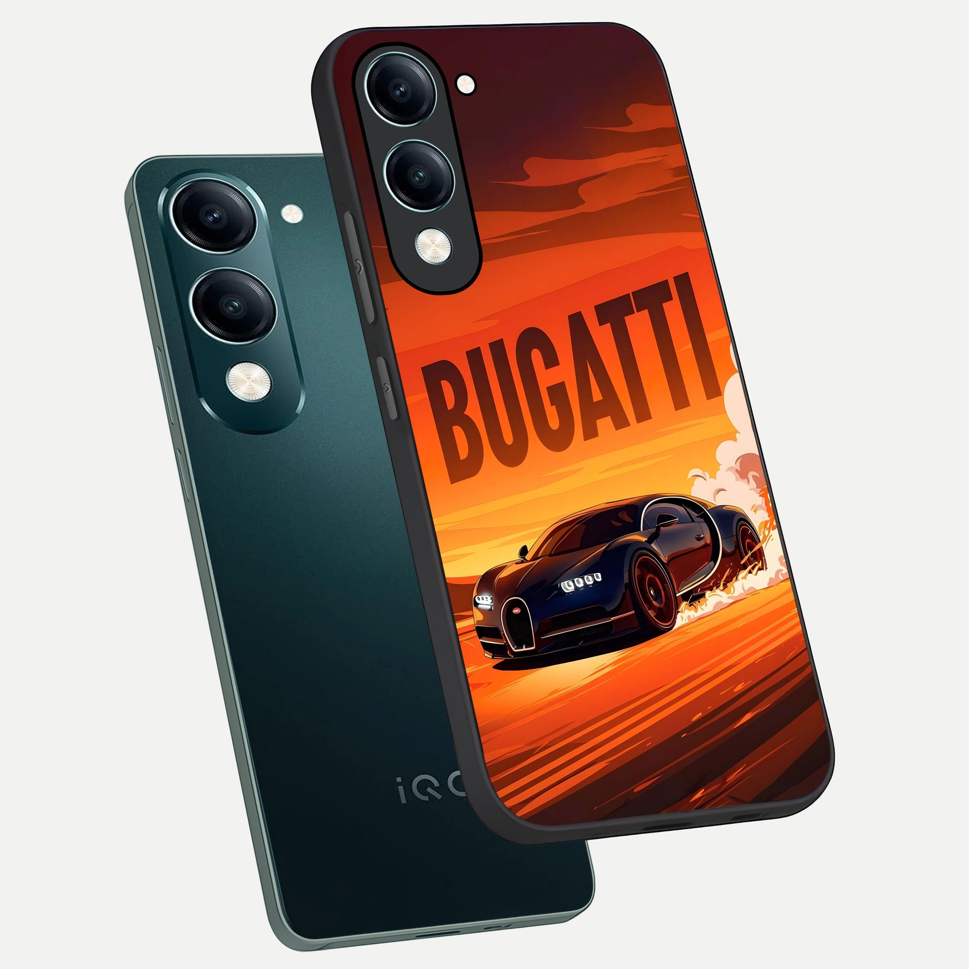  Inferno Bugatti Storm phone case for iQOO Z10 lite showing premium glass back cover with detailed artwork