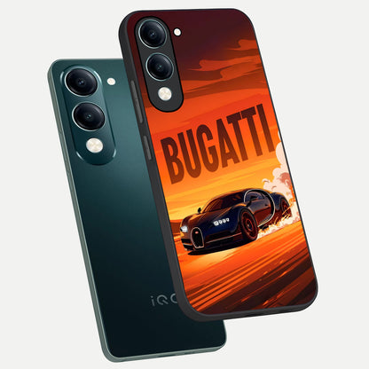  Inferno Bugatti Storm phone case for iQOO Z10 lite showing premium glass back cover with detailed artwork