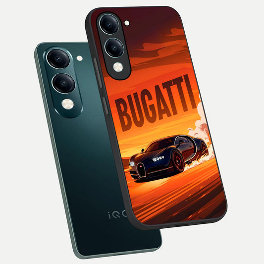  Inferno Bugatti Storm phone case for iQOO Z10 lite showing premium glass back cover with detailed artwork