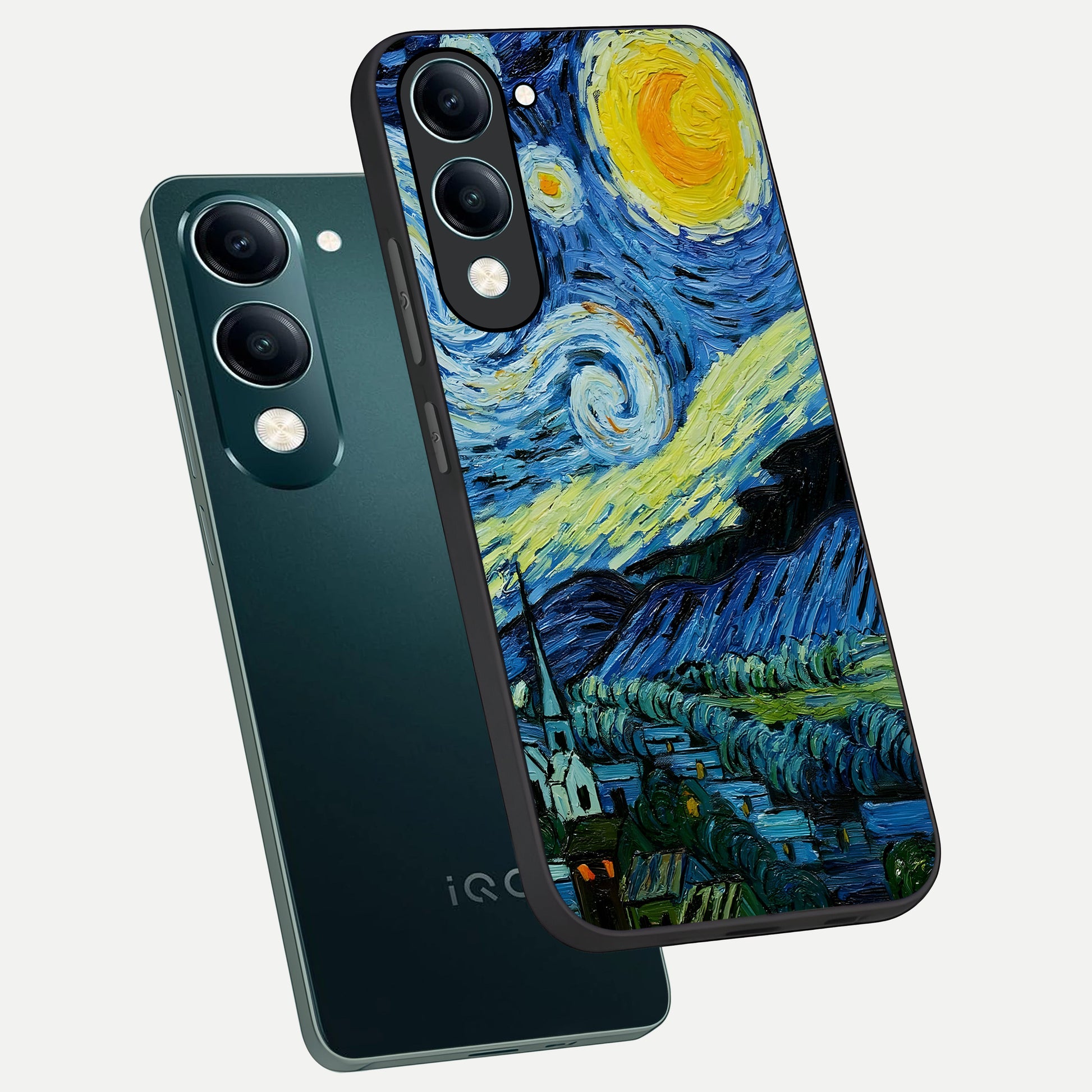  Inspired Van Gogh Art phone case for iQOO Z10 lite showing premium glass back cover with detailed artwork