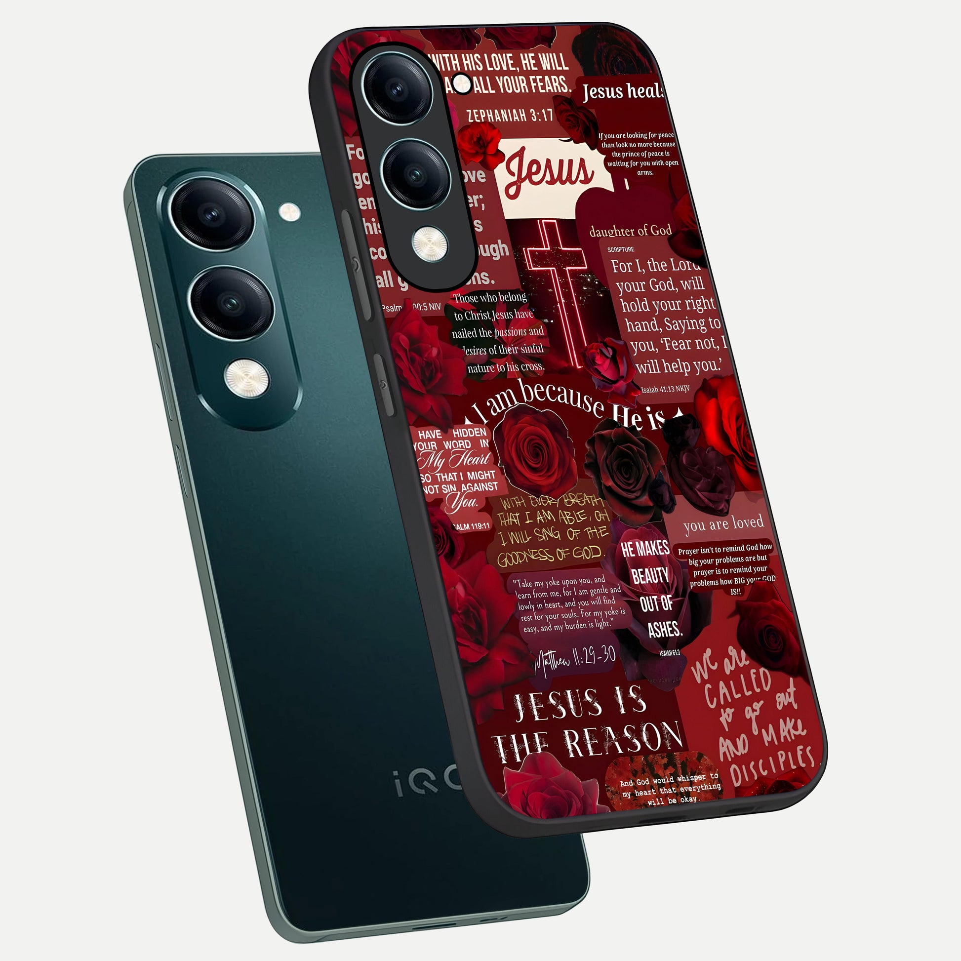 Jesus Love Heals phone case for iQOO Z10 lite showing premium glass back cover with detailed artwork