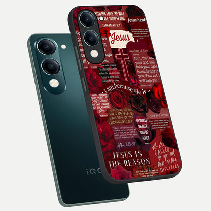  Jesus Love Heals phone case for iQOO Z10 lite showing premium glass back cover with detailed artwork