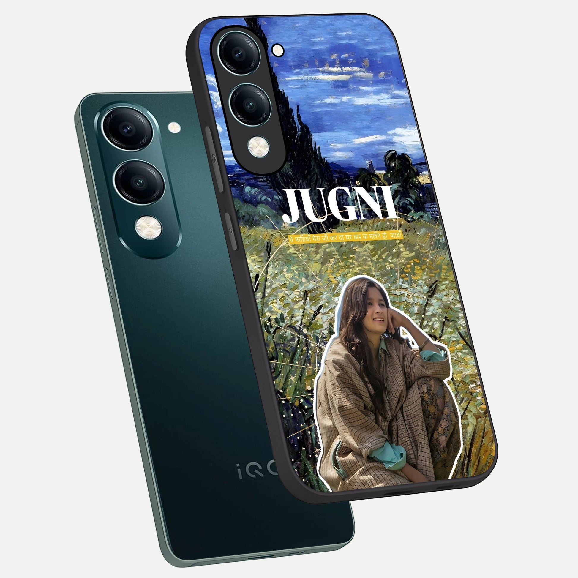  Jugni Soul Vibes phone case for iQOO Z10 Lite showing premium glass back cover with detailed artwork