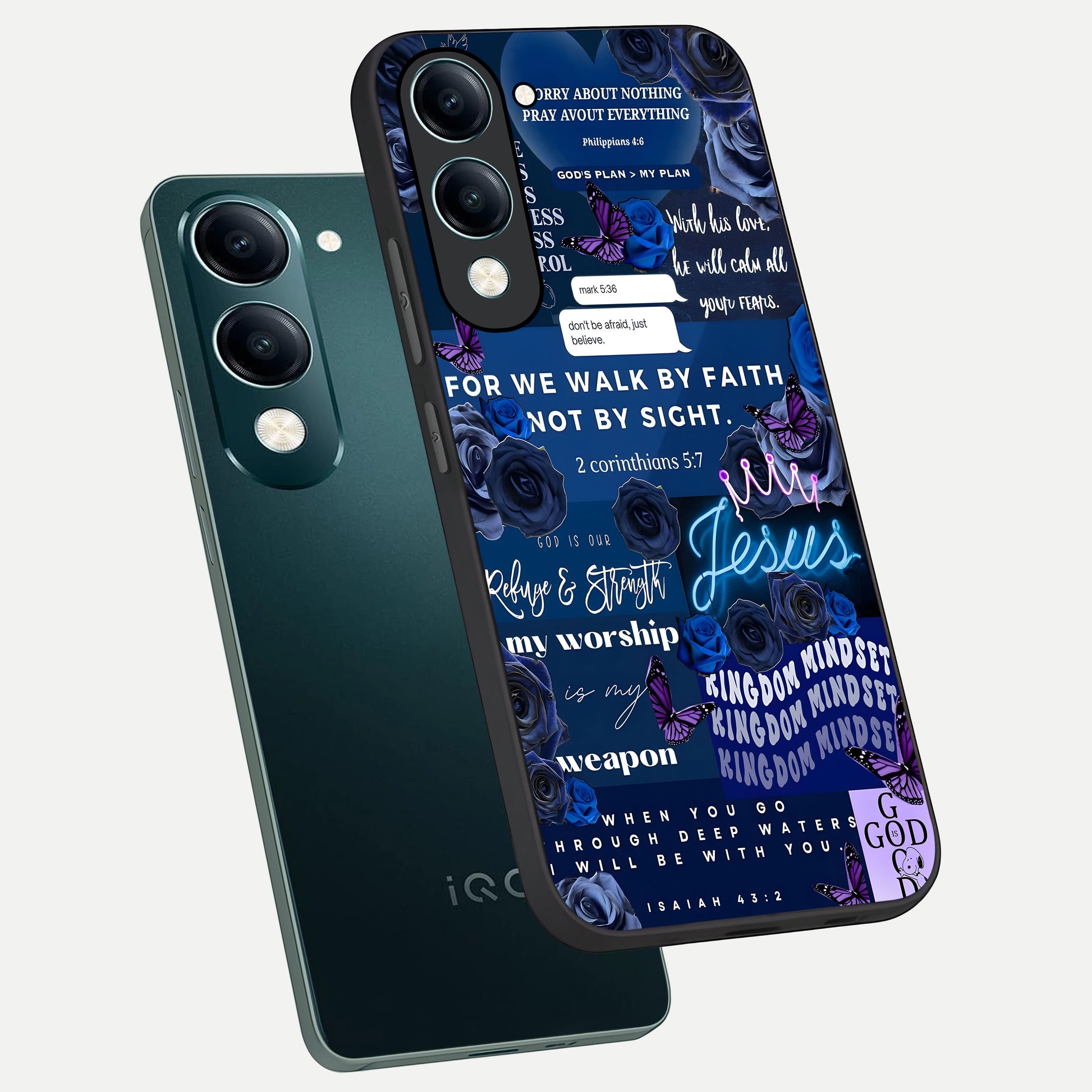  Kingdom Faith Glow phone case for iQOO Z10 lite showing premium glass back cover with detailed artwork