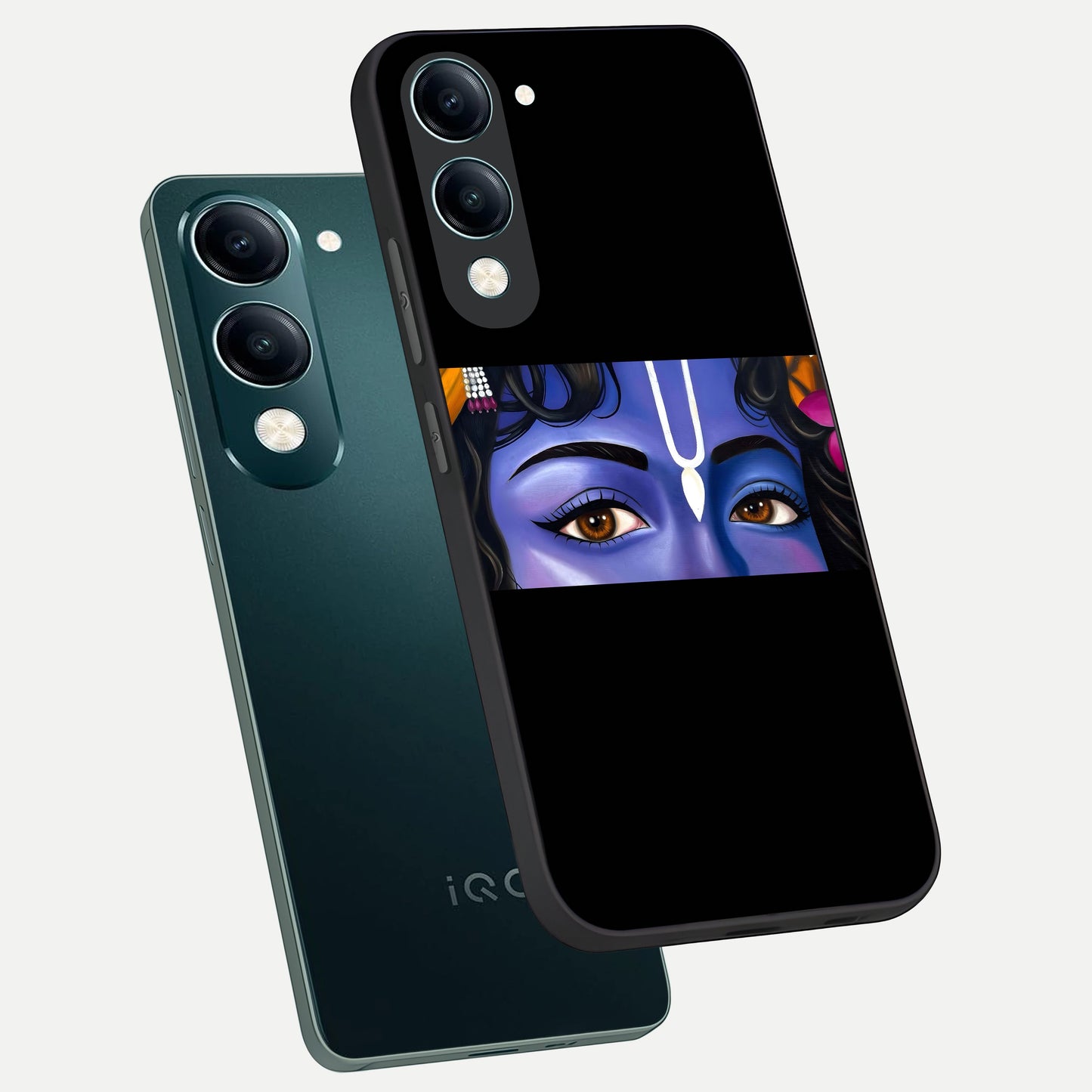  Krishna Eye phone case for iQOO Z10 lite showing premium glass back cover with detailed artwork