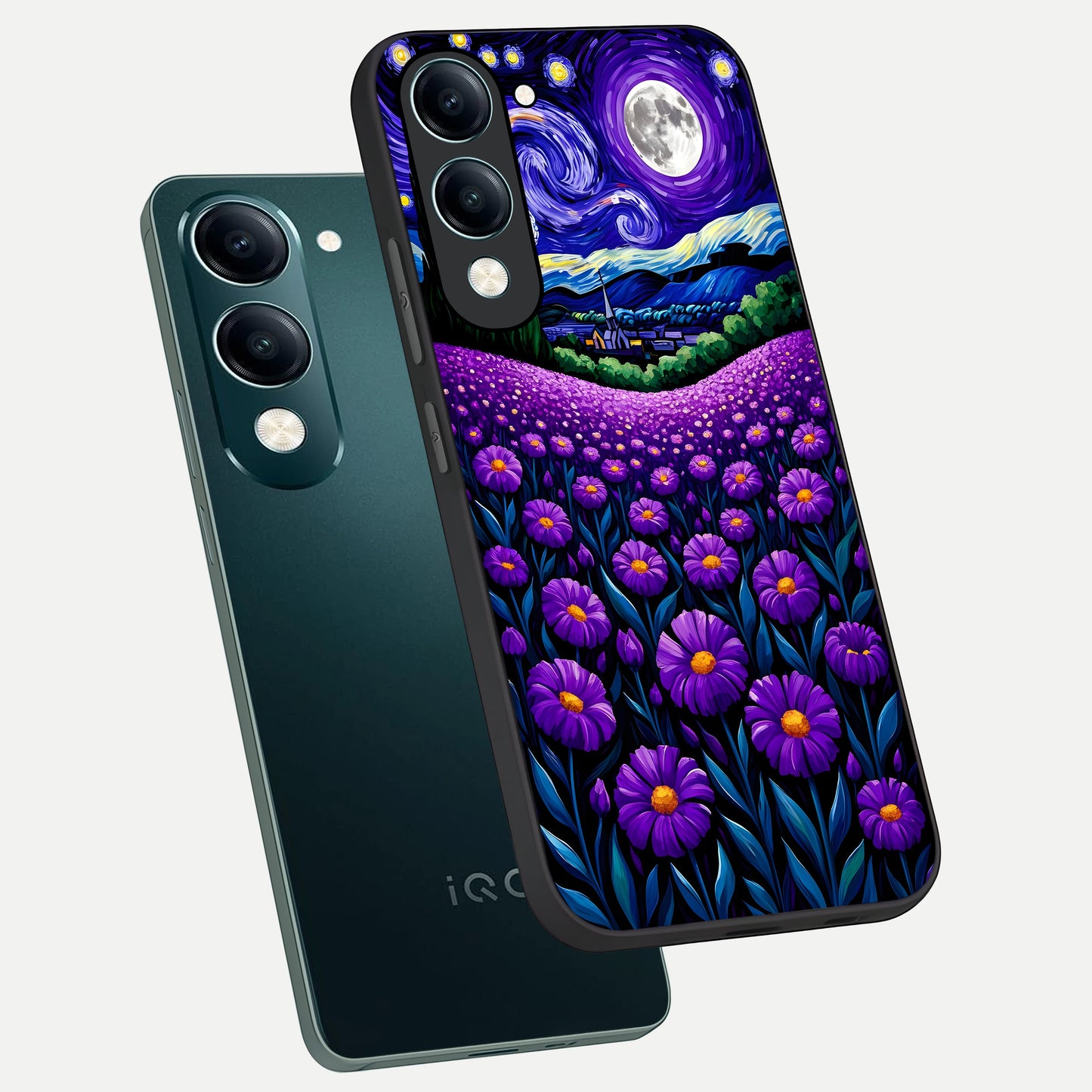  Lavender Moon Field phone case for iQOO Z10 lite showing premium glass back cover with detailed artwork