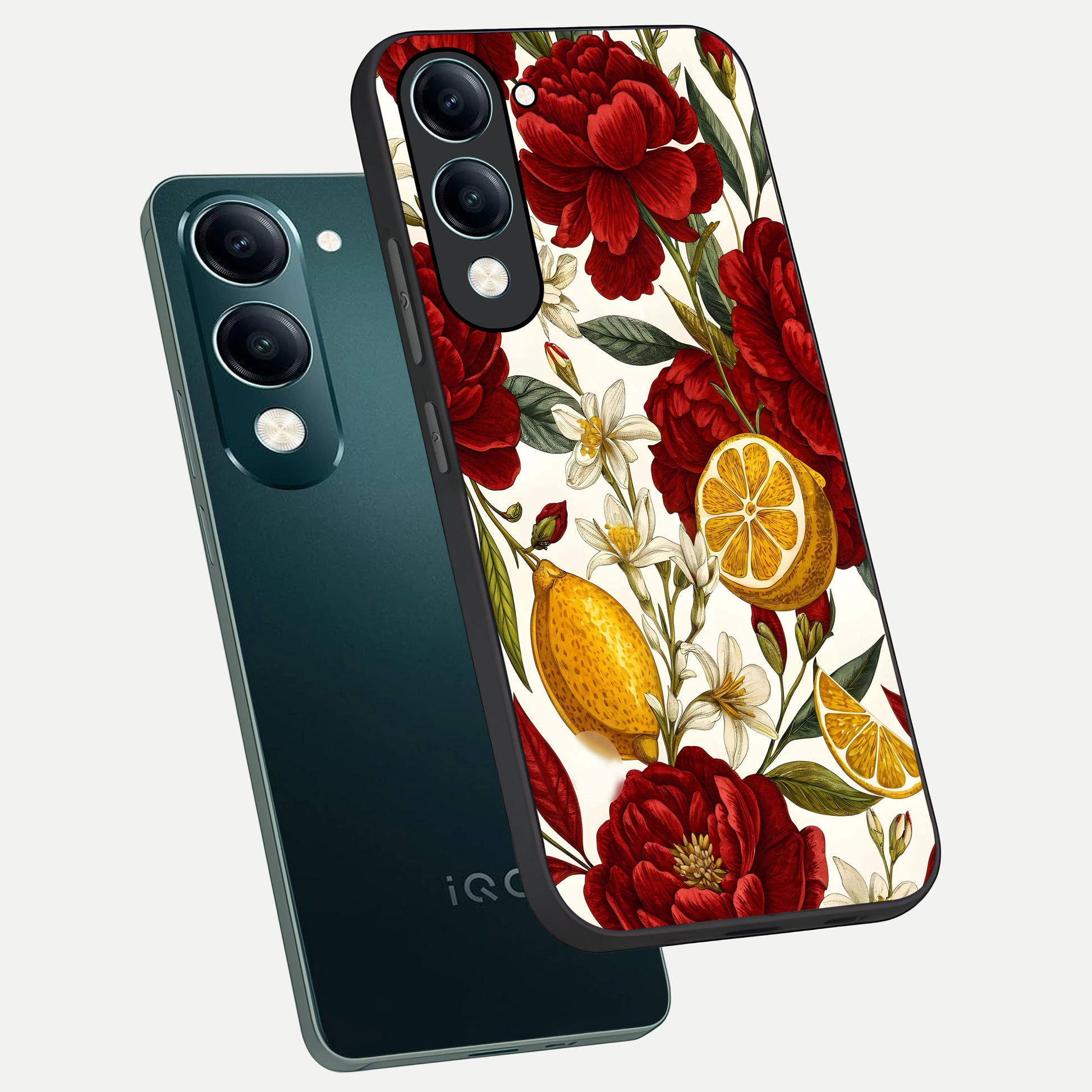  Lemon Rose Charm phone case for iQOO Z10 Lite showing premium glass back cover with detailed artwork