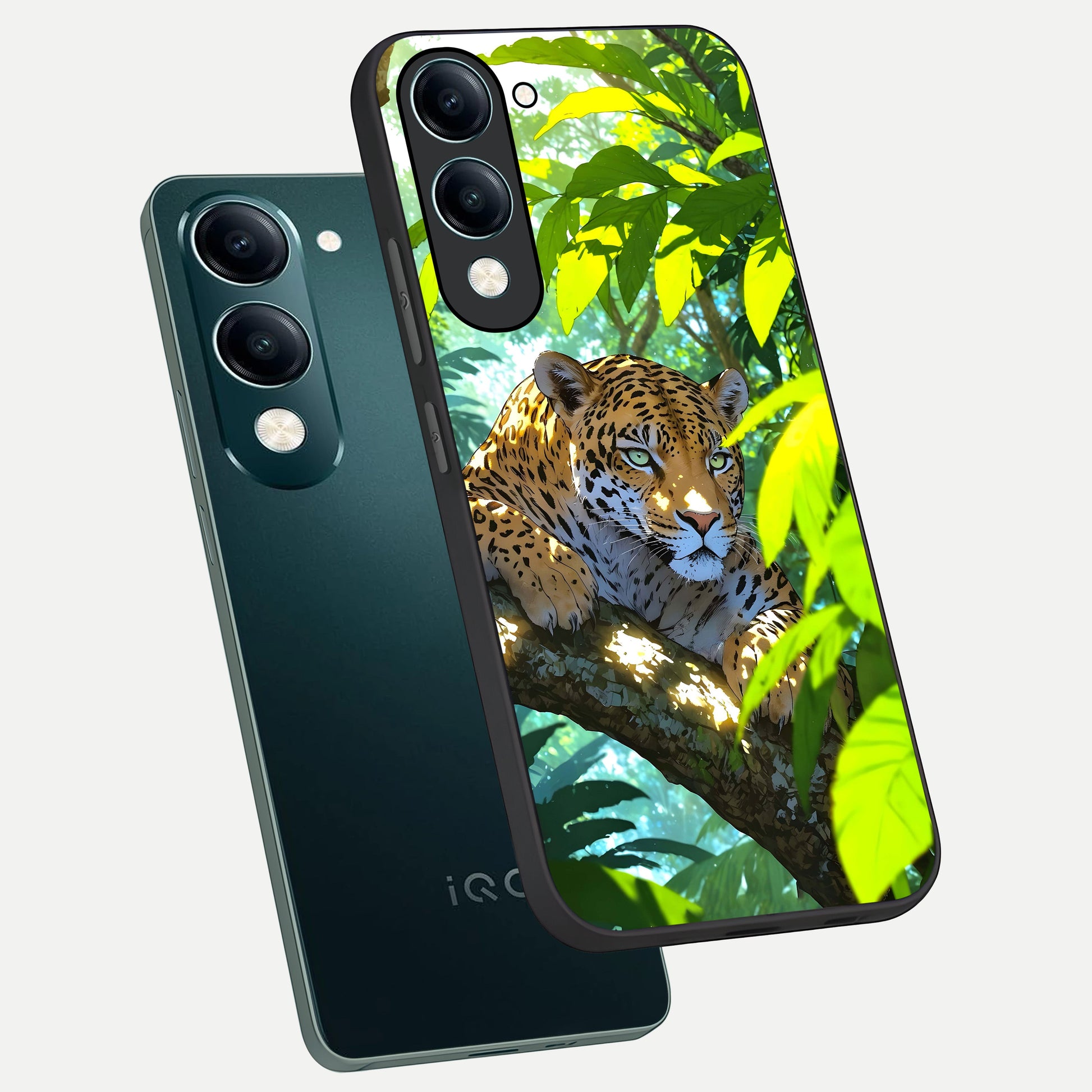  Leopard in Jungle phone case for iQOO Z10 lite showing premium glass back cover with detailed artwork