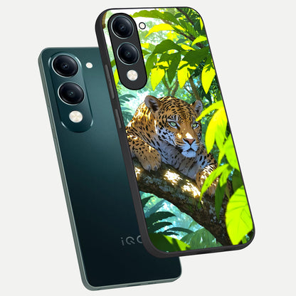  Leopard in Jungle phone case for iQOO Z10 lite showing premium glass back cover with detailed artwork