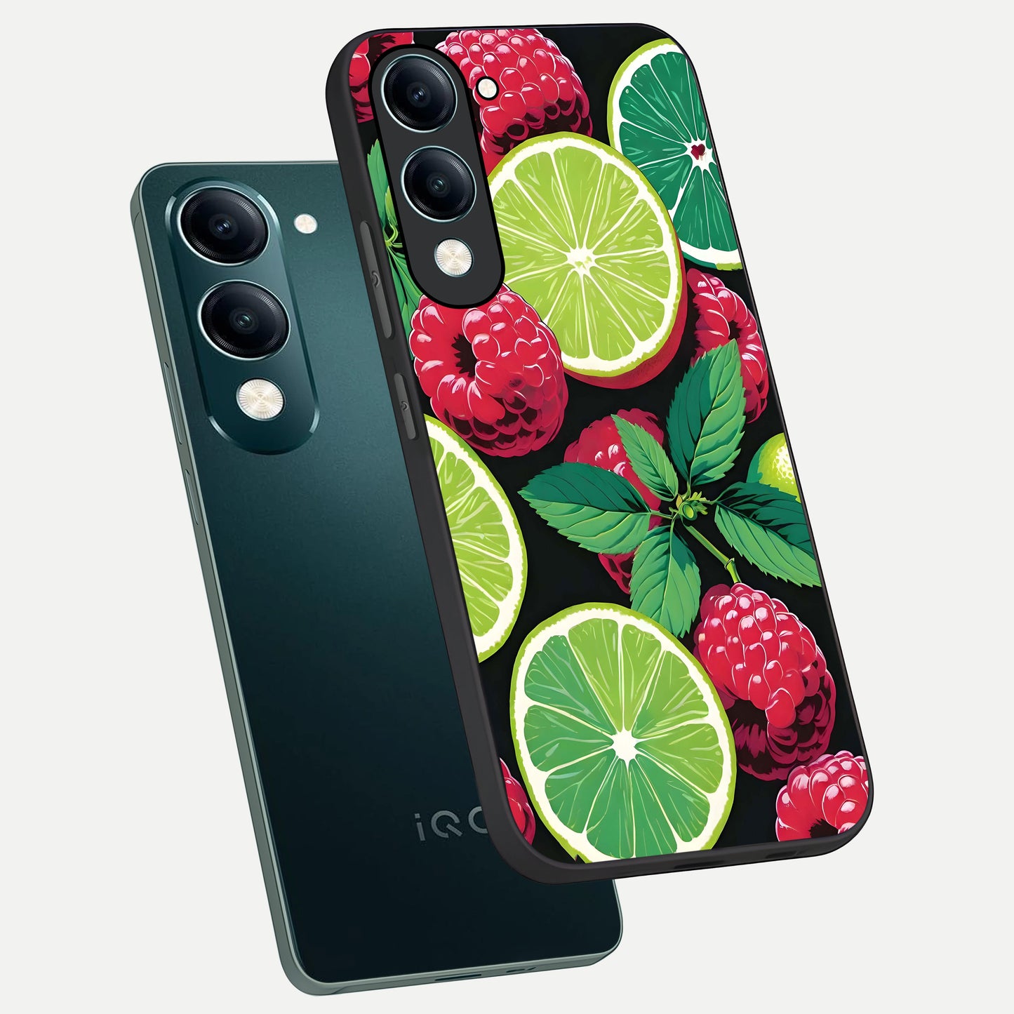  Lime and Raspberry Pattern phone case for iQOO Z10 lite showing premium glass back cover with detailed artwork