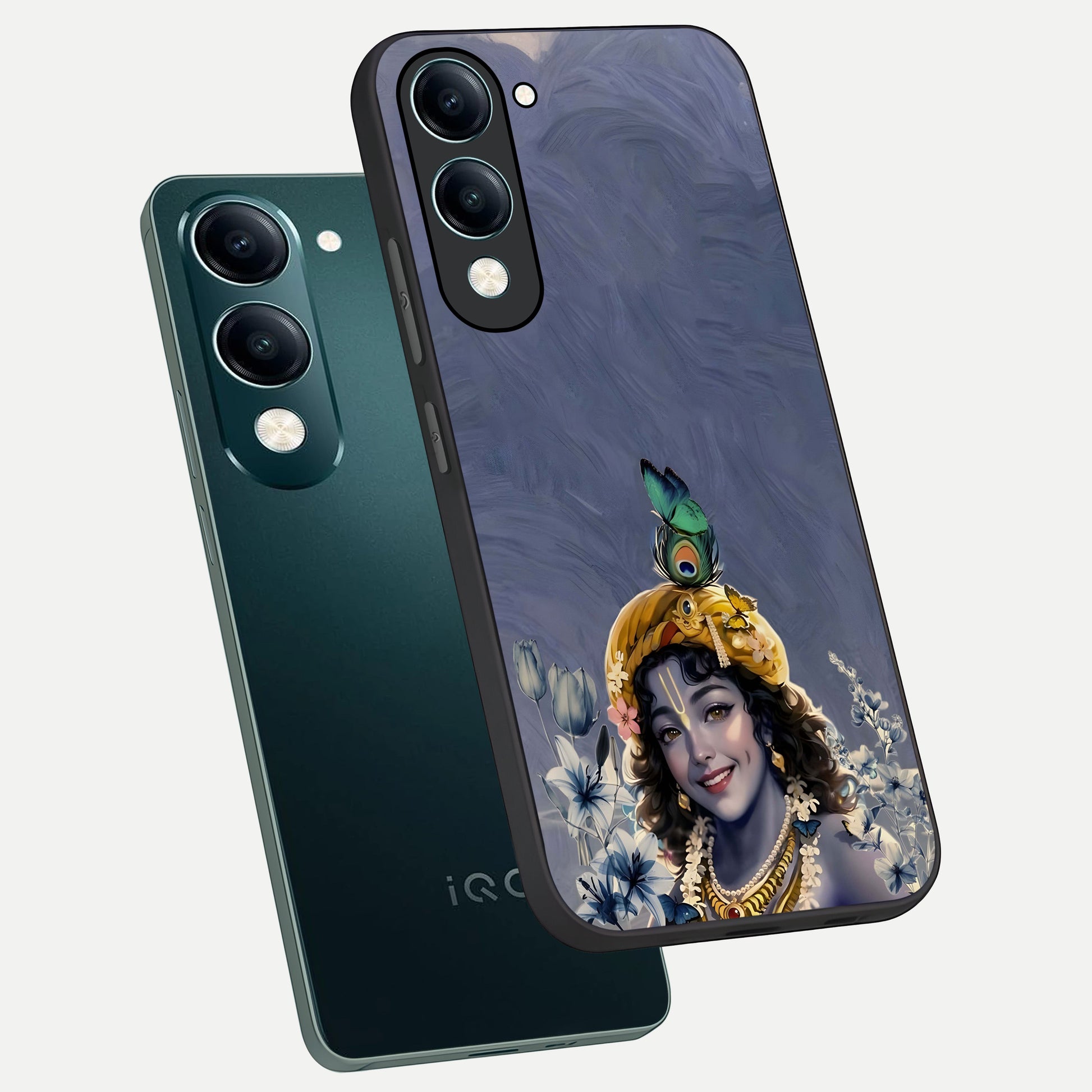  Lord Krishna phone case for iQOO Z10 lite showing premium glass back cover with detailed artwork