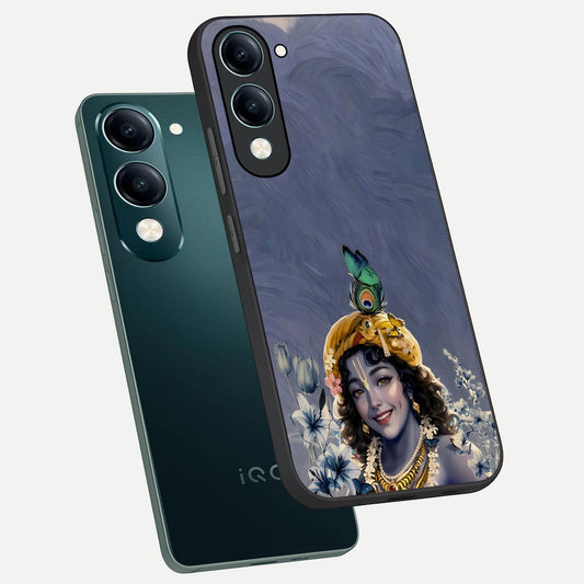  Lord Krishna phone case for iQOO Z10 lite showing premium glass back cover with detailed artwork