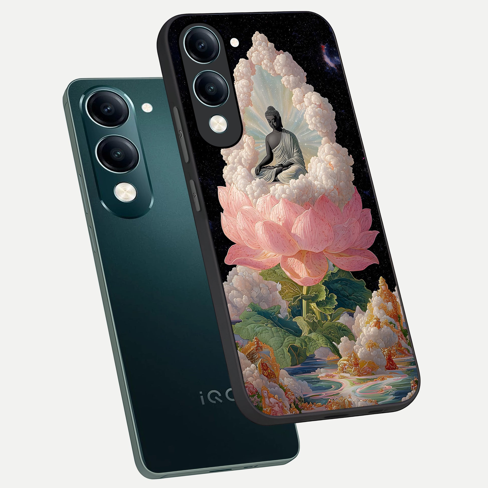  Lotus Divine Peace phone case for iQOO Z10 Lite showing premium glass back cover with detailed artwork