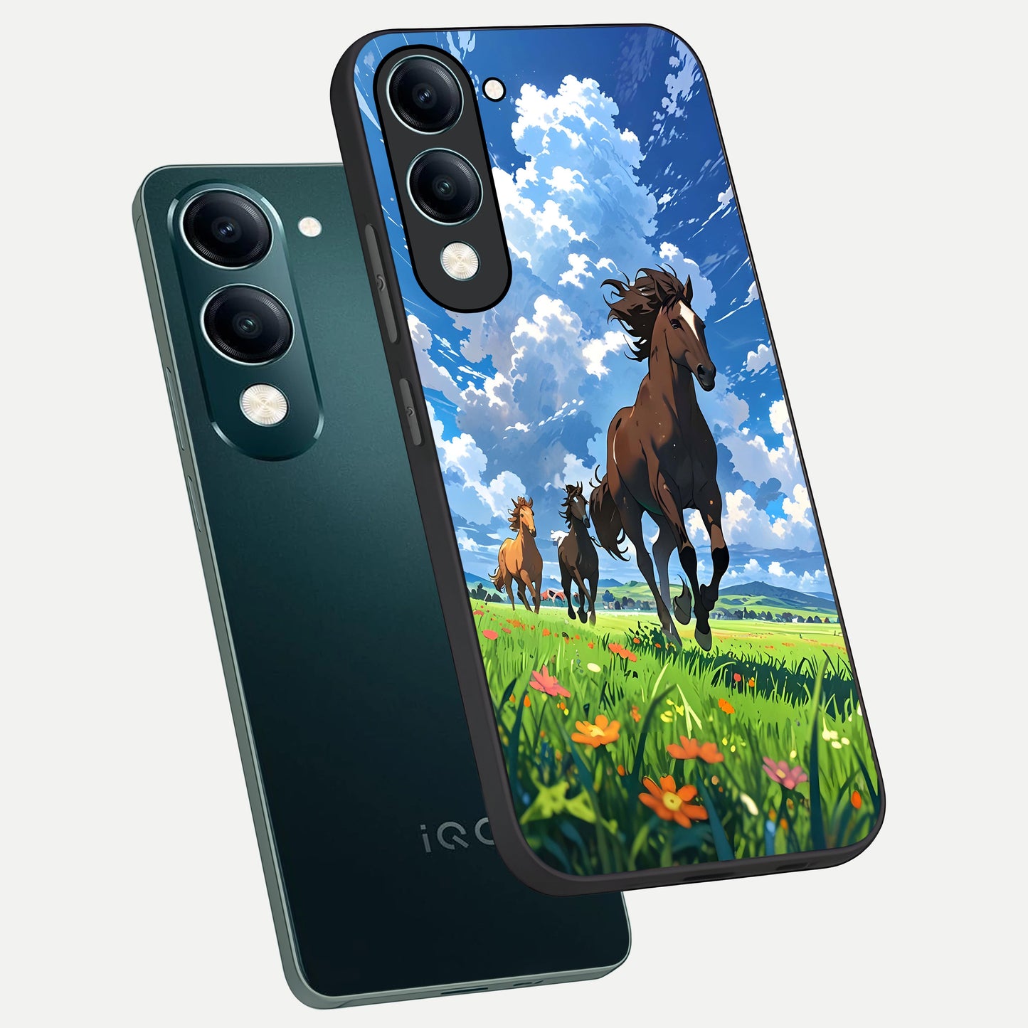  Majestic Horses Galloping phone case for iQOO Z10 lite showing premium glass back cover with detailed artwork