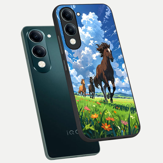  Majestic Horses Galloping phone case for iQOO Z10 lite showing premium glass back cover with detailed artwork