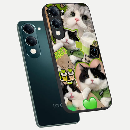  Matcha Cats Mood phone case for iQOO Z10 lite showing premium glass back cover with detailed artwork