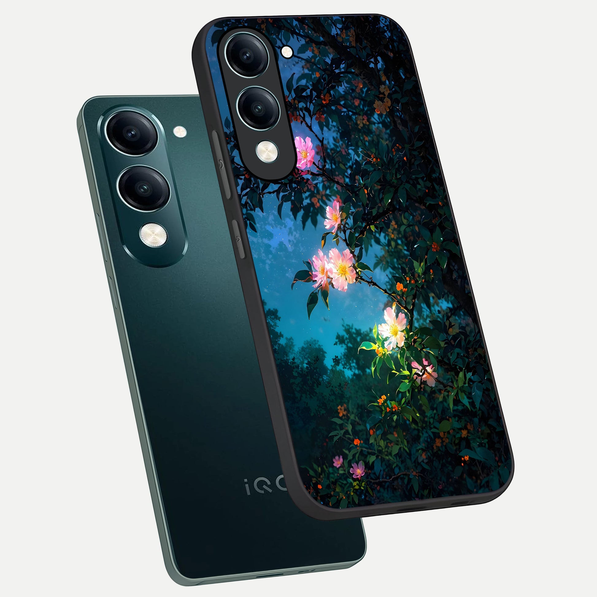  Midnight Bloom Glow phone case for iQOO Z10 Lite showing premium glass back cover with detailed artwork