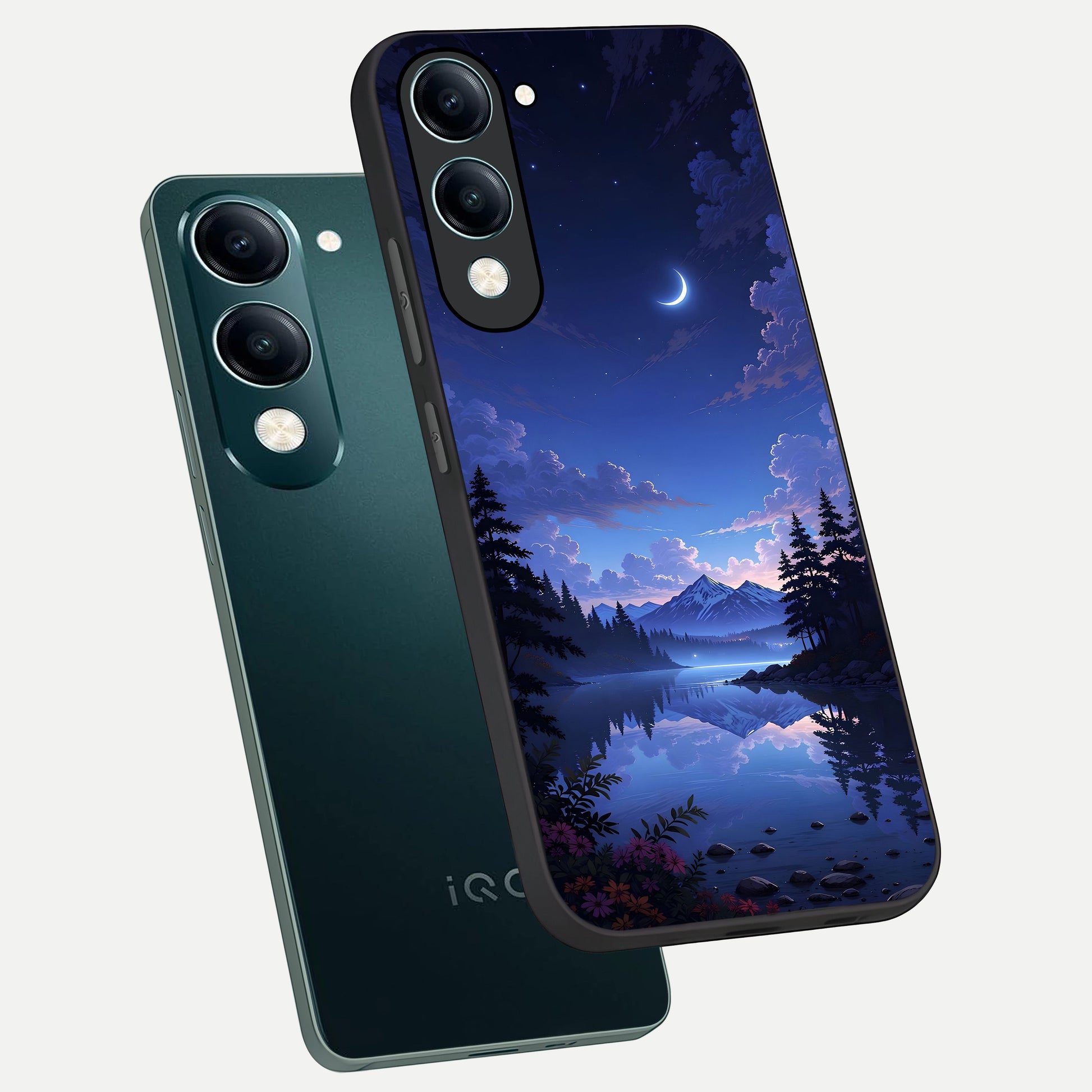  Midnight Lake Peace phone case for iQOO Z10 lite showing premium glass back cover with detailed artwork