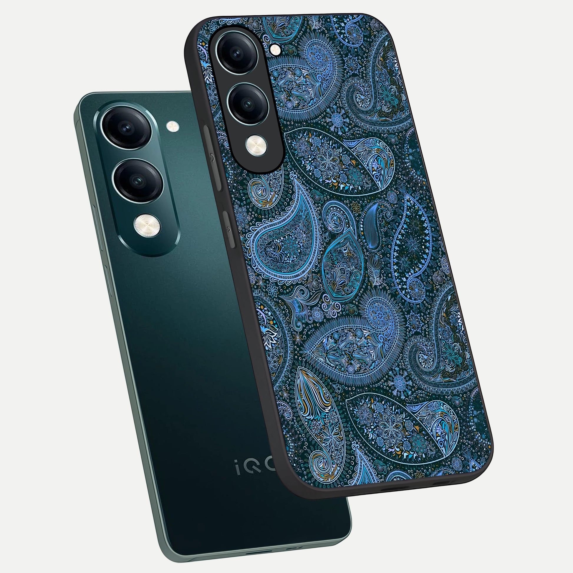  Midnight Paisley Glow phone case for iQOO Z10 Lite showing premium glass back cover with detailed artwork
