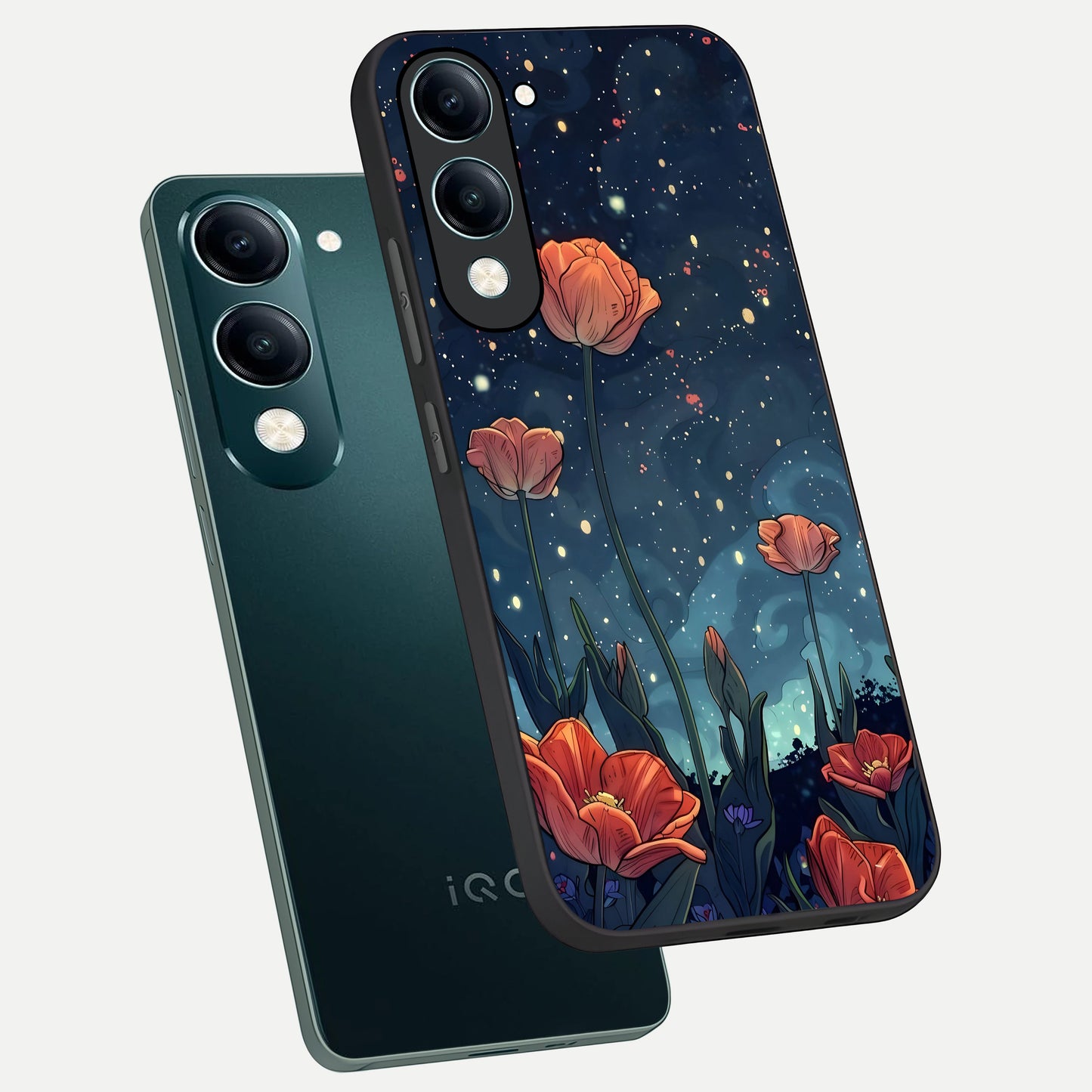  Midnight Tulip Glow phone case for iQOO Z10 Lite showing premium glass back cover with detailed artwork
