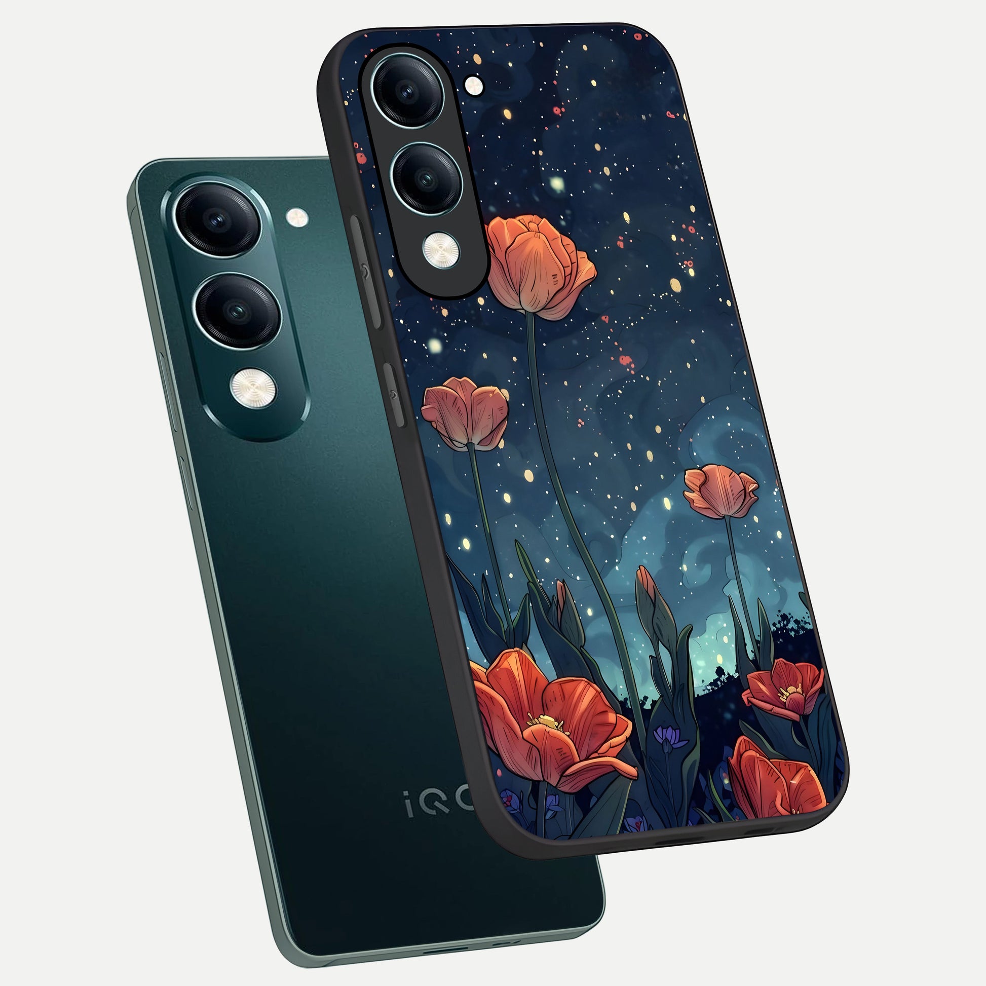  Midnight Tulip Glow phone case for iQOO Z10 Lite showing premium glass back cover with detailed artwork