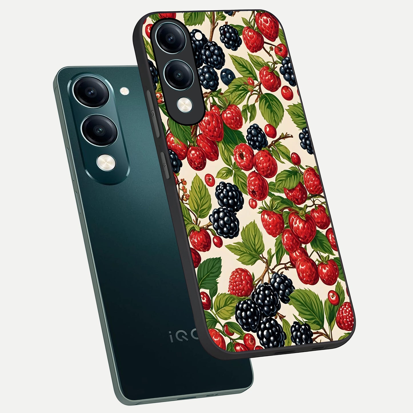  Mixed Berry Collage phone case for iQOO Z10 lite showing premium glass back cover with detailed artwork