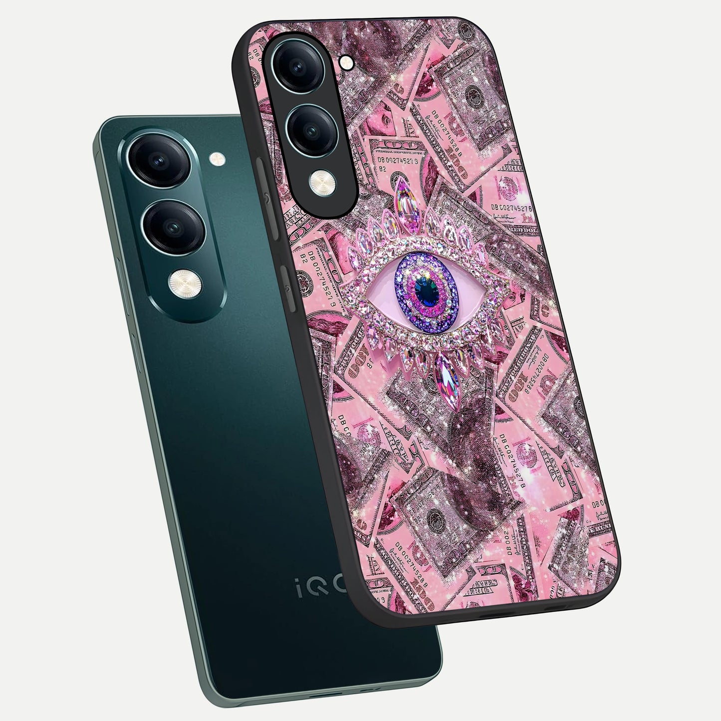  Money Eye Luxe phone case for iQOO Z10 lite showing premium glass back cover with detailed artwork