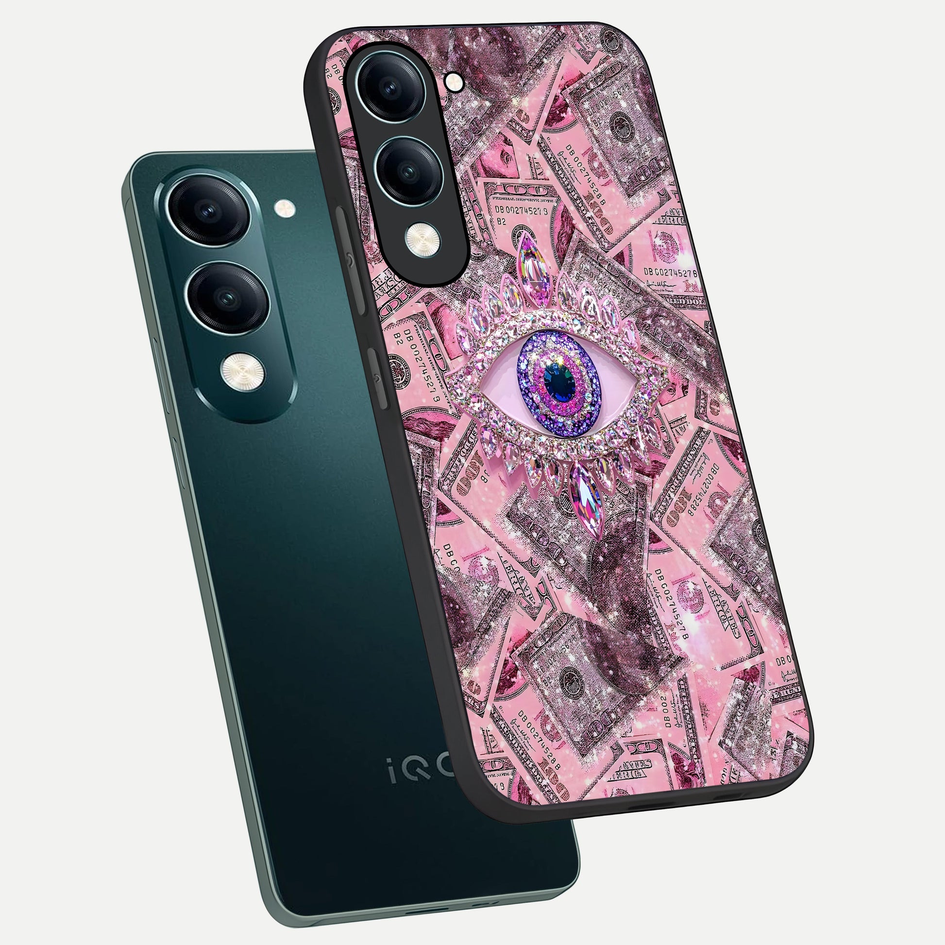  Money Eye Luxe phone case for iQOO Z10 lite showing premium glass back cover with detailed artwork