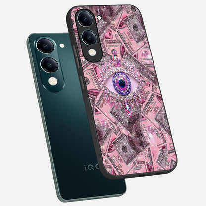  Money Eye Luxe phone case for iQOO Z10 lite showing premium glass back cover with detailed artwork