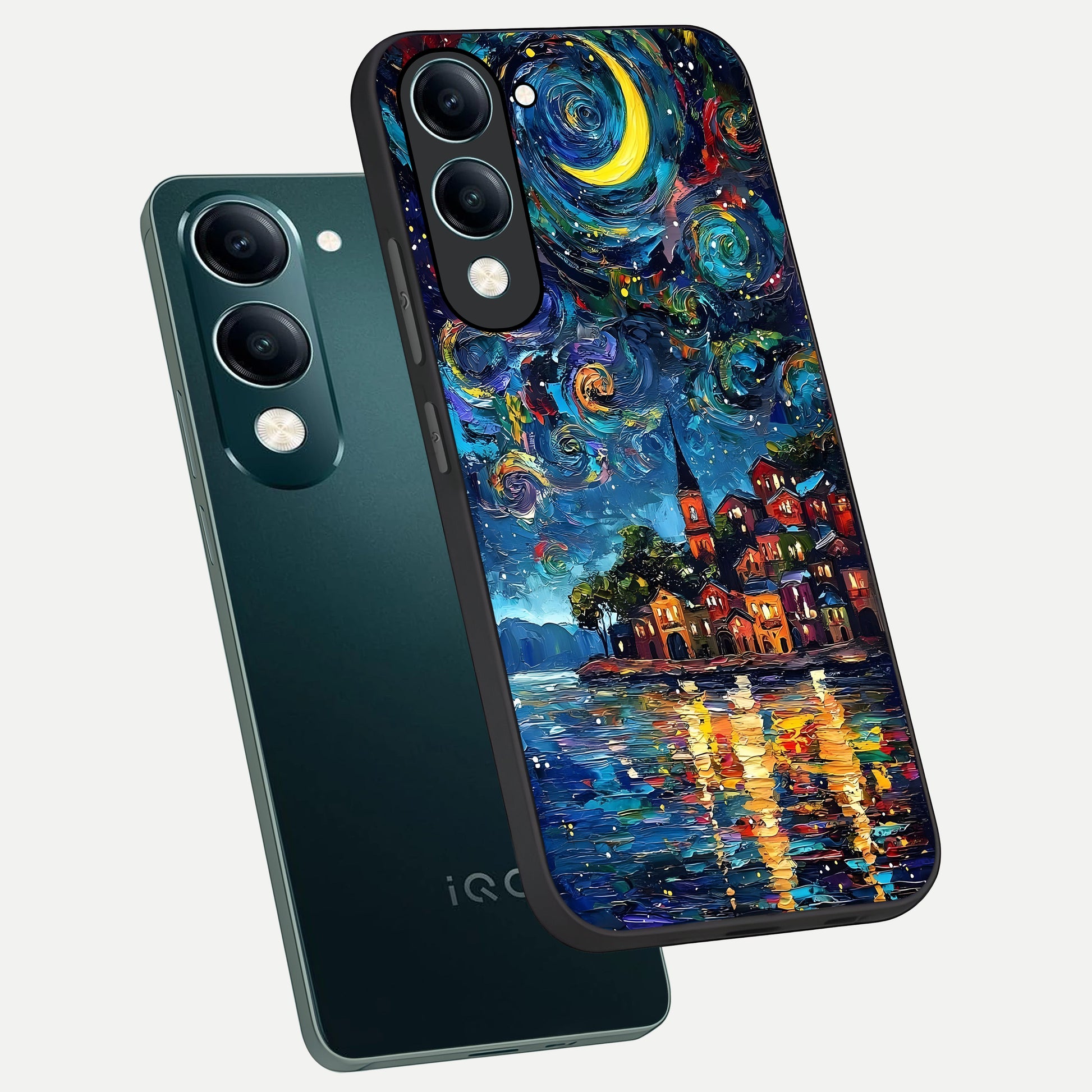  Moonlight Harbor Glow phone case for iQOO Z10 lite showing premium glass back cover with detailed artwork