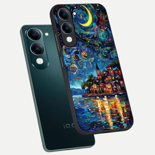  Moonlight Harbor Glow phone case for iQOO Z10 lite showing premium glass back cover with detailed artwork