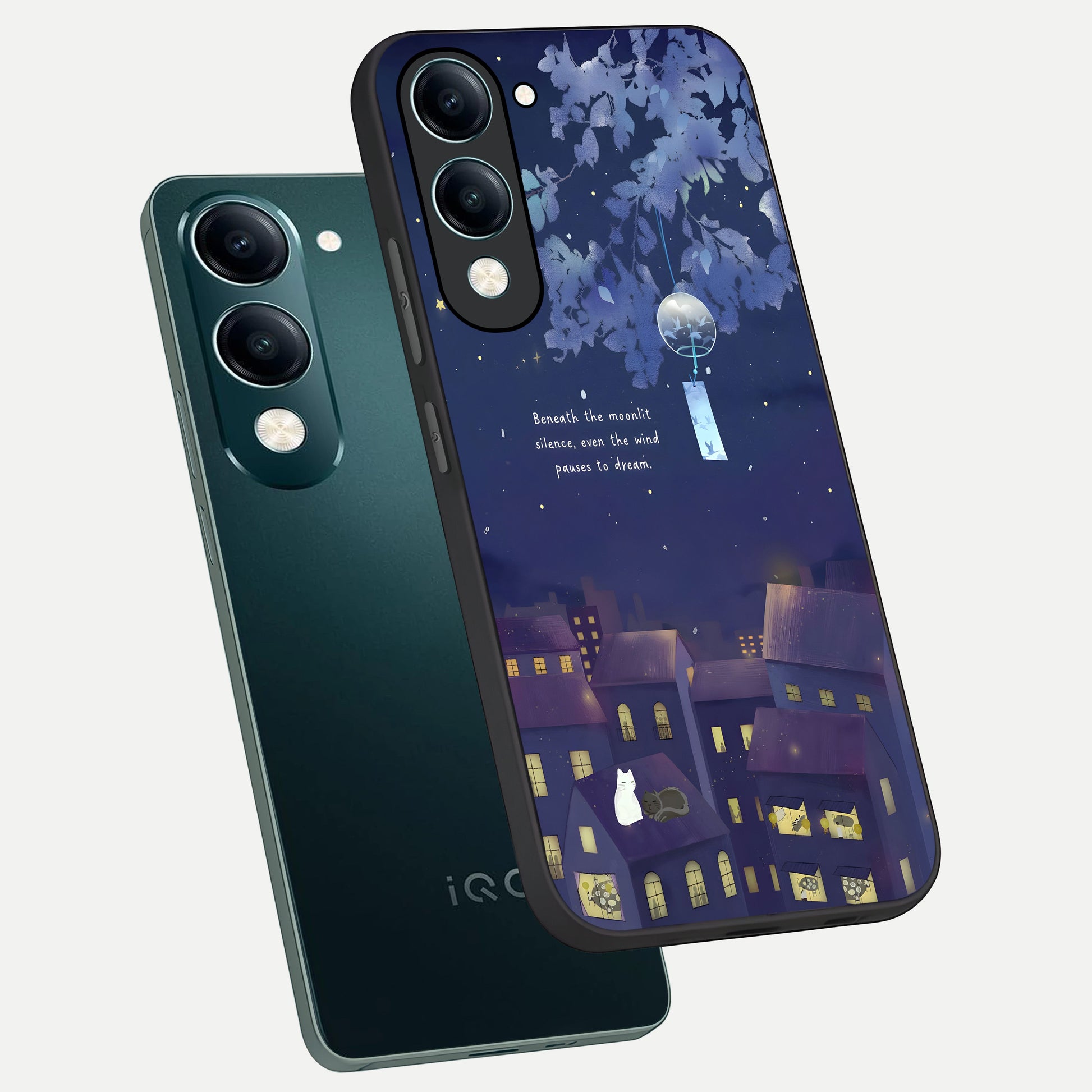  Moonlit Cat Silence phone case for iQOO Z10 Lite showing premium glass back cover with detailed artwork