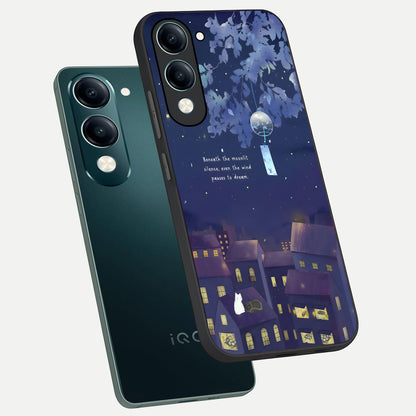  Moonlit Cat Silence phone case for iQOO Z10 Lite showing premium glass back cover with detailed artwork