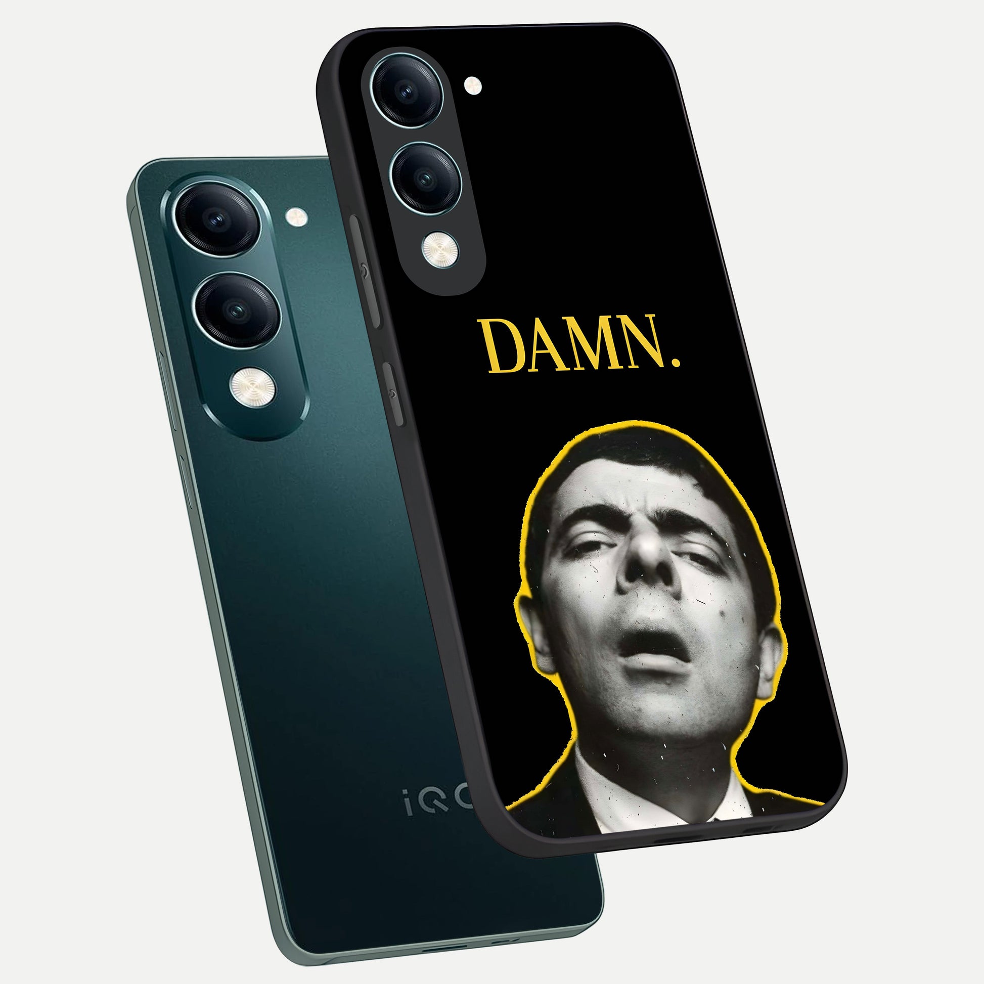  Mr Bean Damn phone case for iQOO Z10 lite showing premium glass back cover with detailed artwork